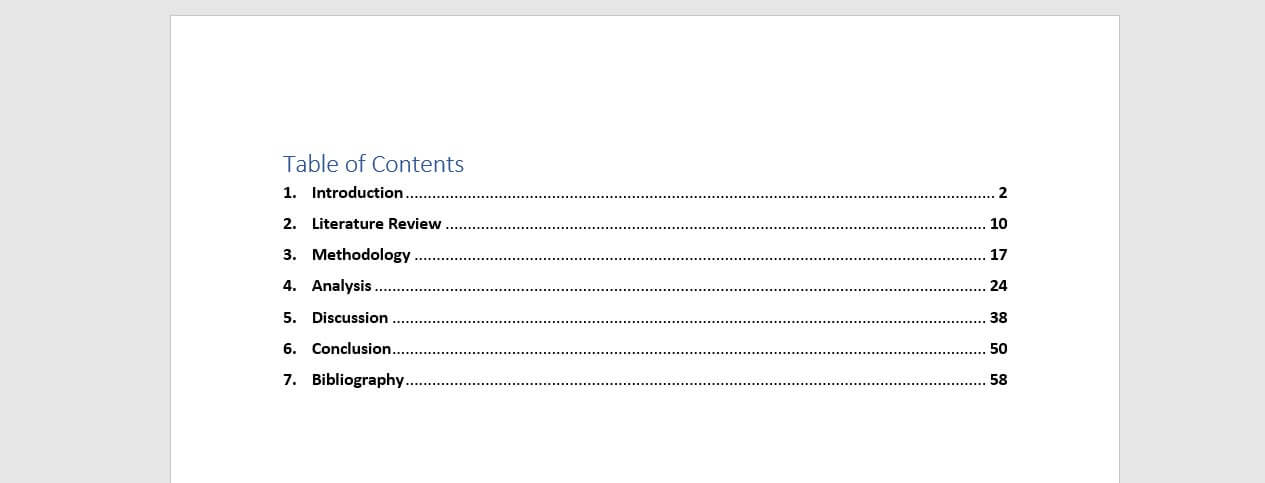 table of contents bachelor thesis example
